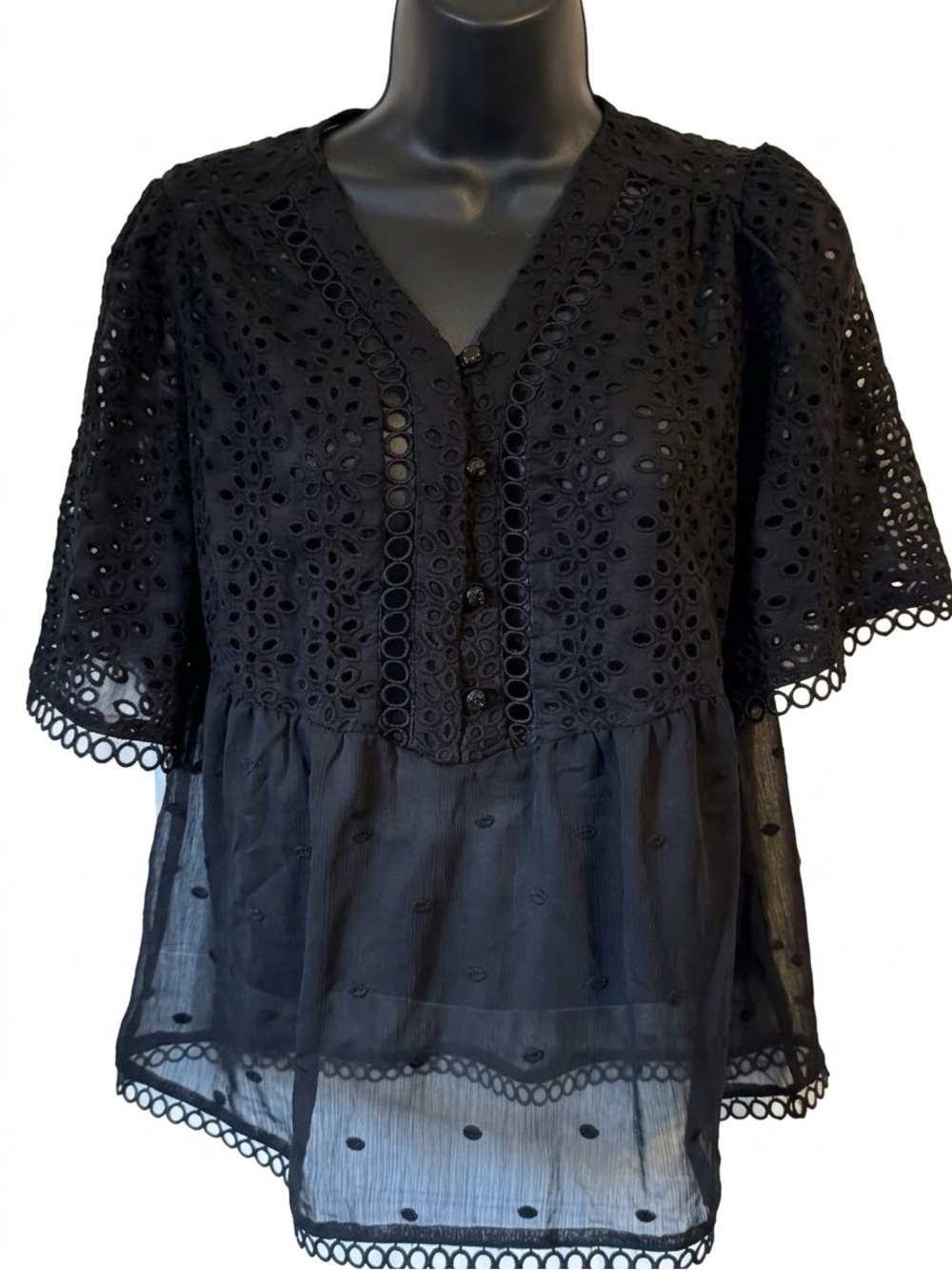 ANNA SUI Black Eyelet & Chiffon Dobby Sheer Blouse Tag Size 95 (Fits M/L)